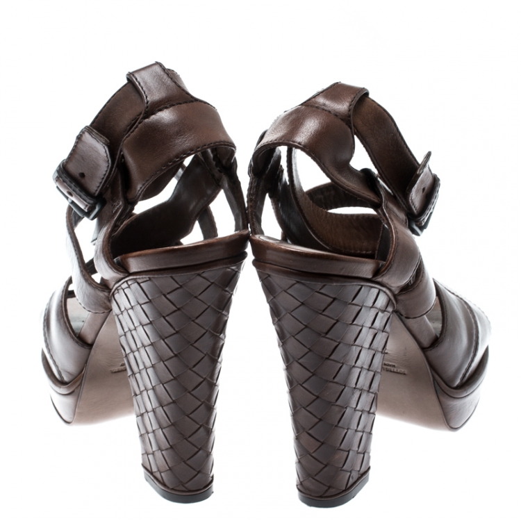 Pre Owned Bottega Veneta Brown Leather Intrecciato Heel Strappy Platform Sandals Size 36.5