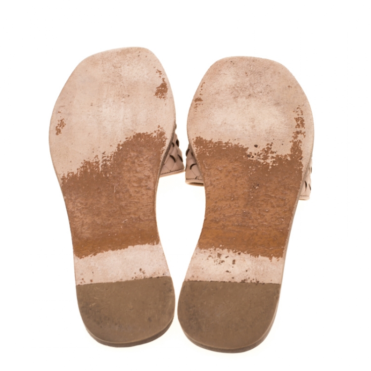 Pre Owned Bottega Veneta Beige Intrecciato Leather Flat Slides Size 37
