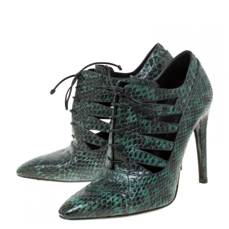 Pre Owned  Bottega Veneta Green Python Leather Cutout Lace-Up Ankle Boots Size 38