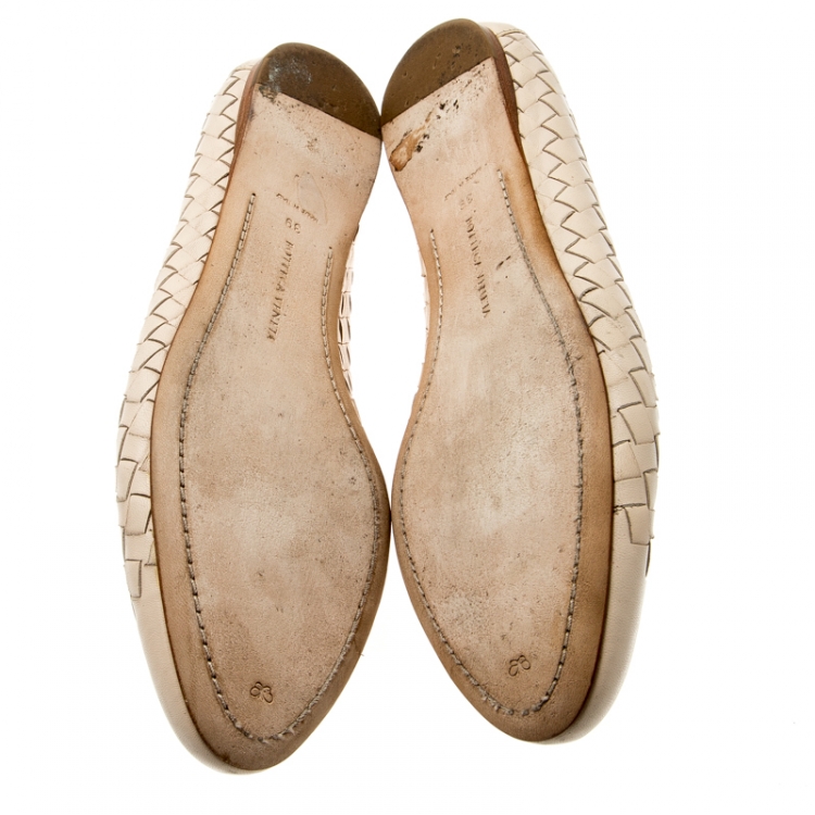 Pre Owned Bottega Veneta Beige Intrecciato Leather Ballet Flats Size 39