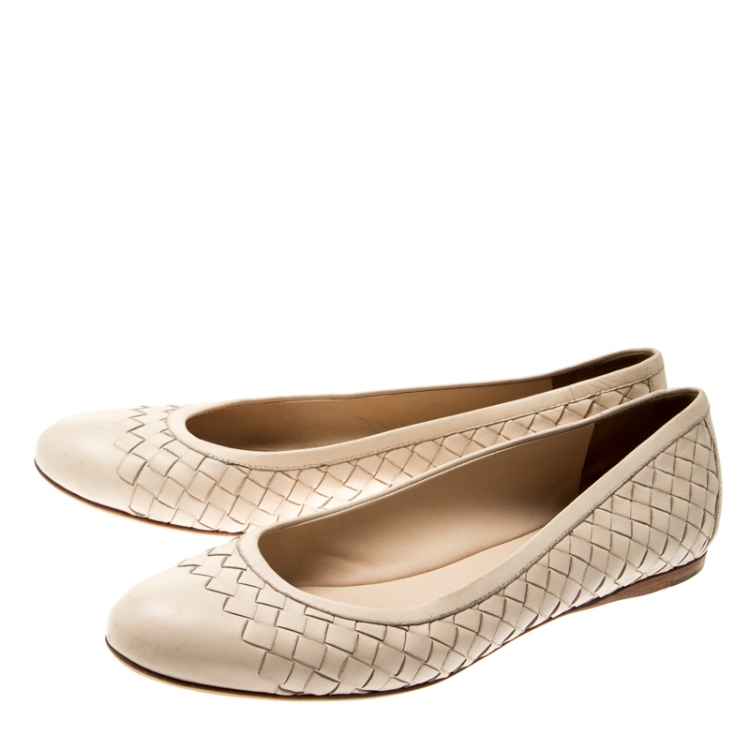 Pre Owned Bottega Veneta Beige Intrecciato Leather Ballet Flats Size 39