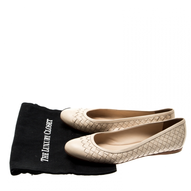 Pre Owned Bottega Veneta Beige Intrecciato Leather Ballet Flats Size 39
