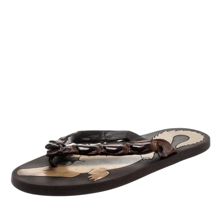 Pre Owned Bottega Veneta Brown Croc Leather Flat Flip Flops Size 38