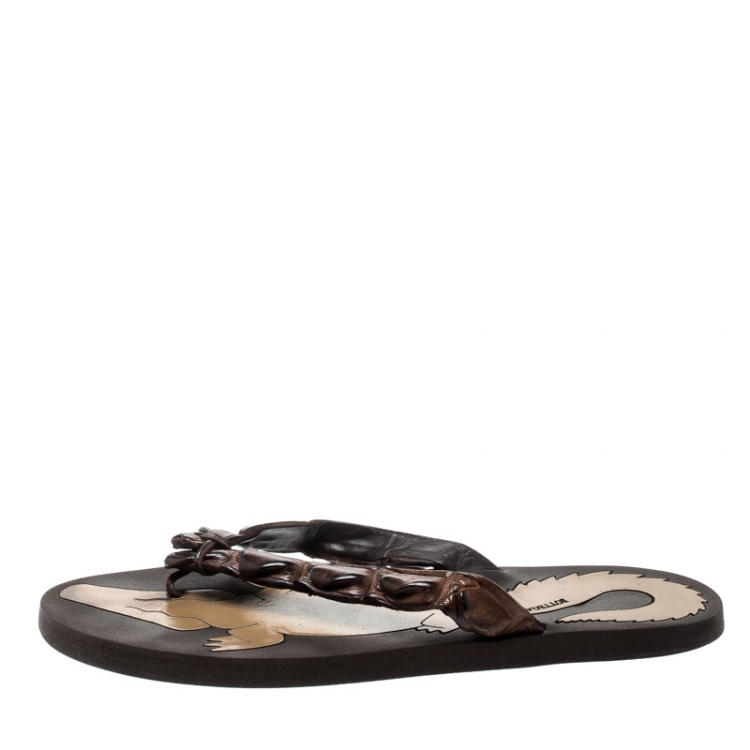 Pre Owned Bottega Veneta Brown Croc Leather Flat Flip Flops Size 38