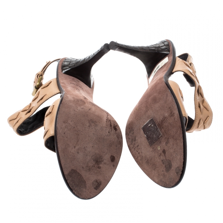 Pre Owned Bottega Veneta Beige Leather Double Strap Sandals Size 37