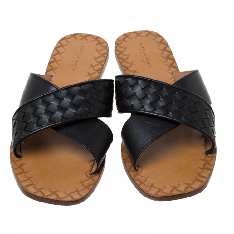 Pre Owned Bottega Veneta Black Criss Cross Intrecciato Leather Ravello Flat Slides Size 39