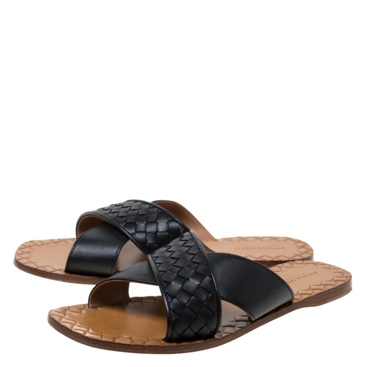 Pre Owned Bottega Veneta Black Criss Cross Intrecciato Leather Ravello Flat Slides Size 39