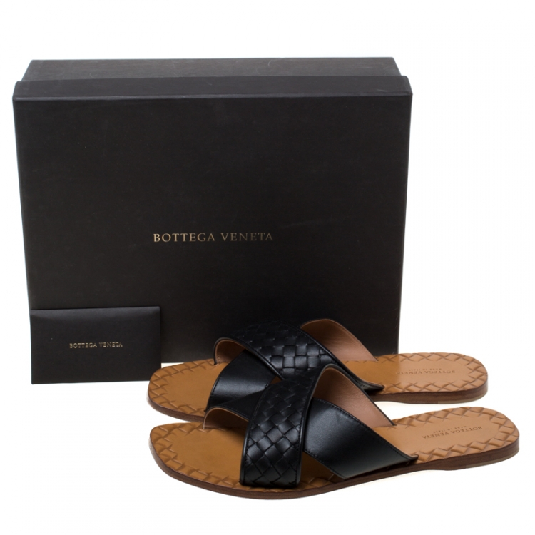 Pre Owned Bottega Veneta Black Criss Cross Intrecciato Leather Ravello Flat Slides Size 39