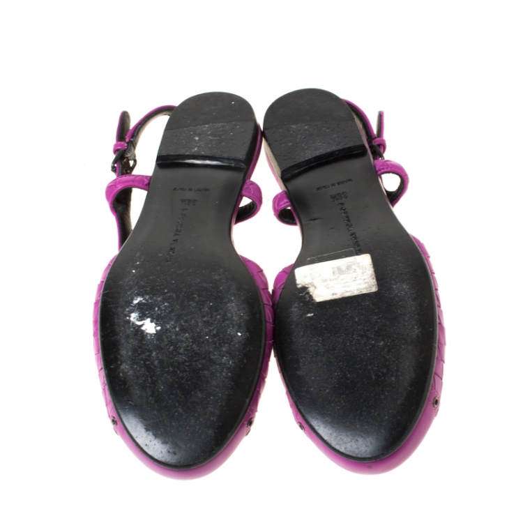 Pre Owned Bottega Veneta Purple Intrecciato Leather Eyelet Cap Toe Slingback Flats Size 38.5