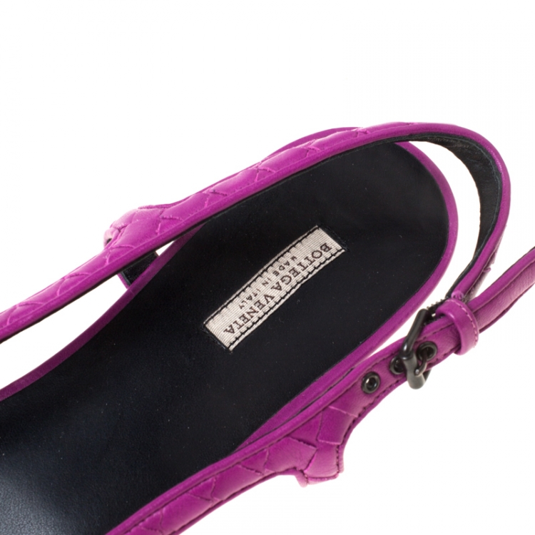 Pre Owned Bottega Veneta Purple Intrecciato Leather Eyelet Cap Toe Slingback Flats Size 38.5