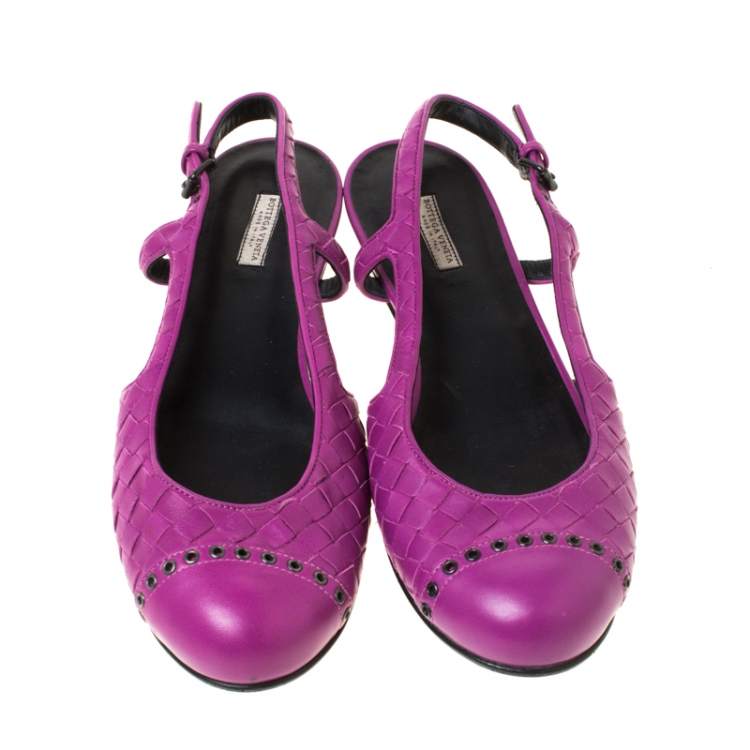 Pre Owned Bottega Veneta Purple Intrecciato Leather Eyelet Cap Toe Slingback Flats Size 38.5