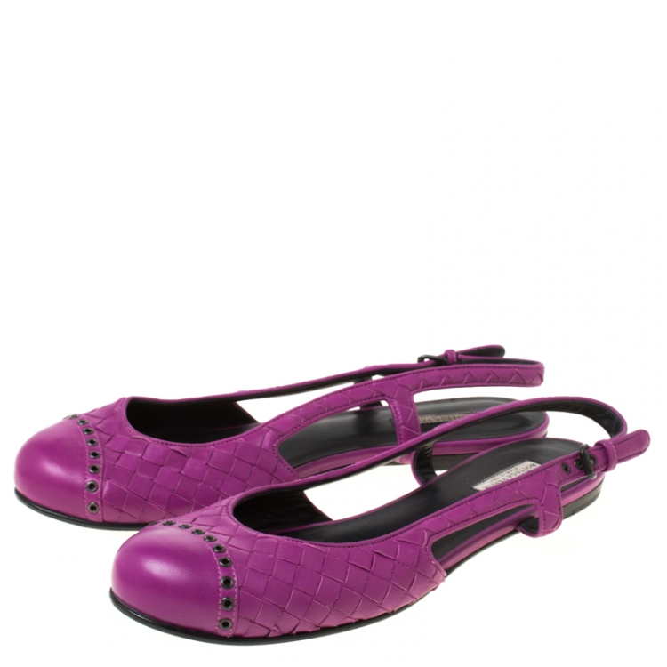 Pre Owned Bottega Veneta Purple Intrecciato Leather Eyelet Cap Toe Slingback Flats Size 38.5
