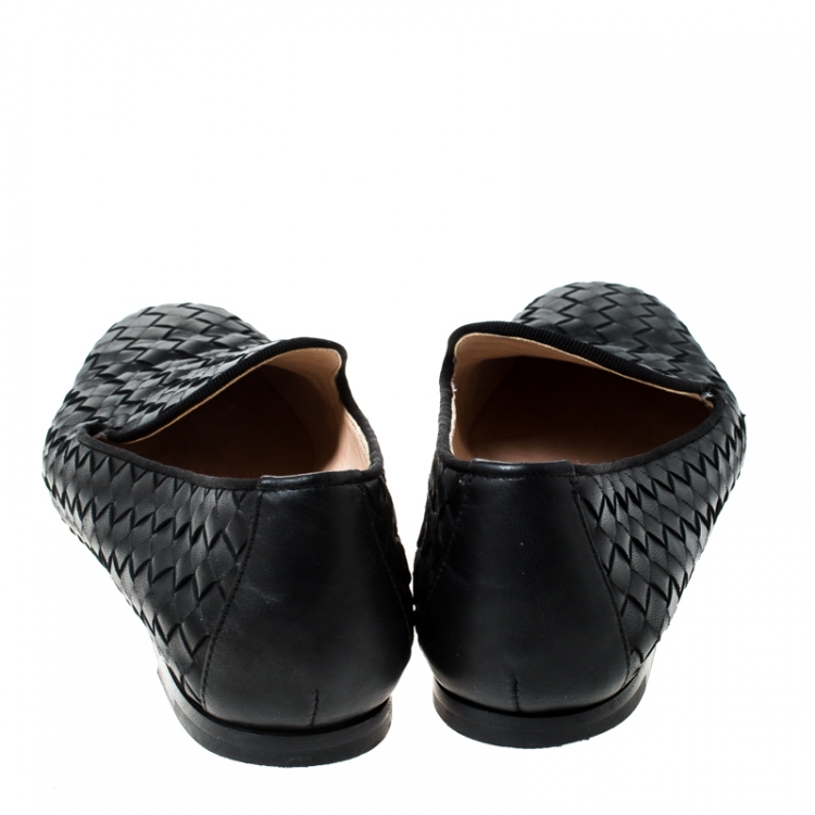 Pre Owned Bottega Veneta Black Intrecciato Leather Slip On Flats Size 39.5