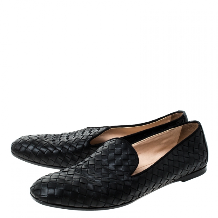 Pre Owned Bottega Veneta Black Intrecciato Leather Slip On Flats Size 39.5
