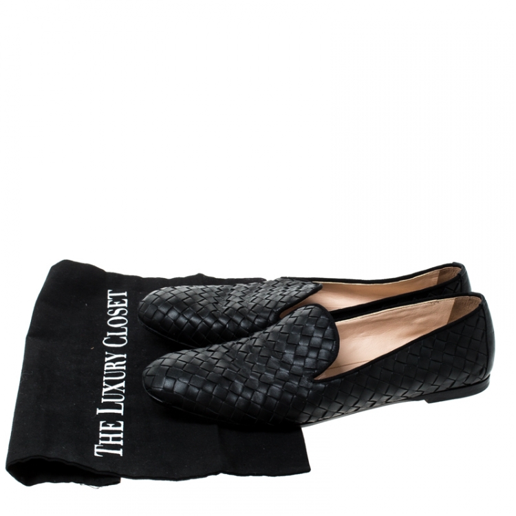 Pre Owned Bottega Veneta Black Intrecciato Leather Slip On Flats Size 39.5
