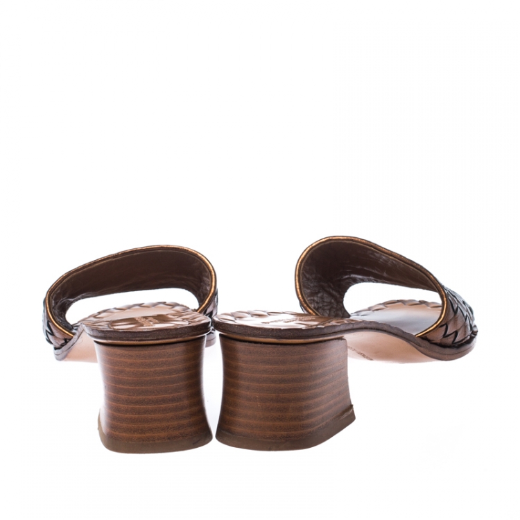 Pre Owned Bottega Veneta Metallic Bronze Intrecciato Leather Ravello Flat Slides Size 38