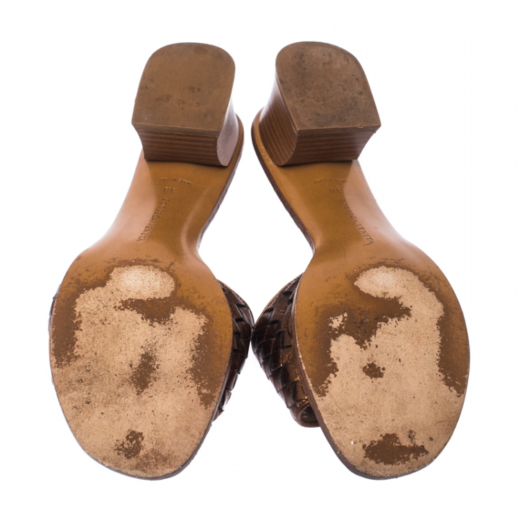 Pre Owned Bottega Veneta Metallic Bronze Intrecciato Leather Ravello Flat Slides Size 38