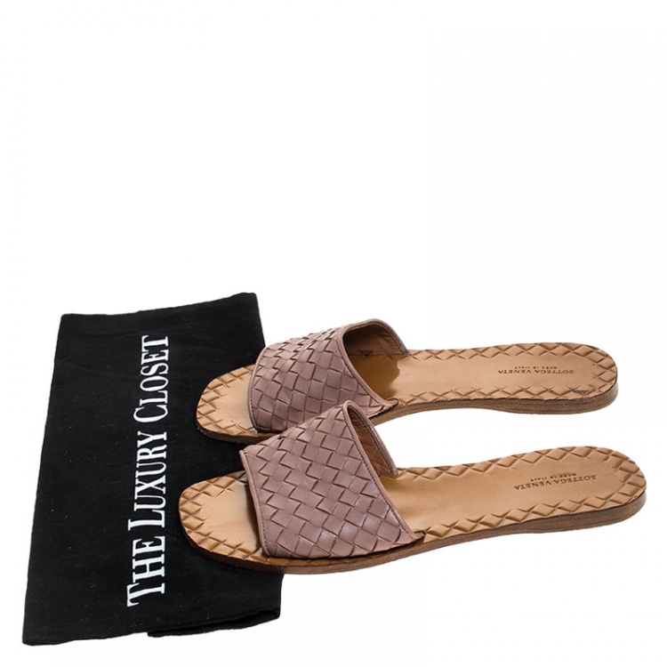 Pre Owned Bottega Veneta Beige Intrecciato Leather Flat Slides Size 38