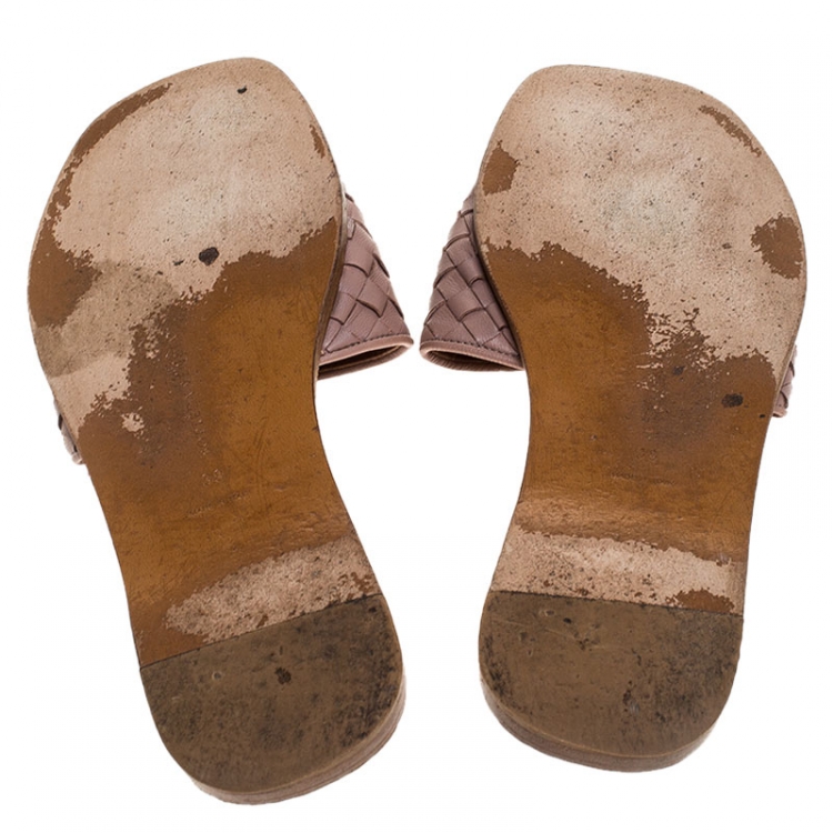 Pre Owned Bottega Veneta Beige Intrecciato Leather Flat Slides Size 38