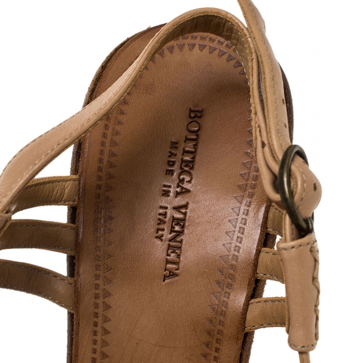 Pre Owned  Bottega Veneta Beige Leather Slingback Platform Wedge Sandals Size 36.5 