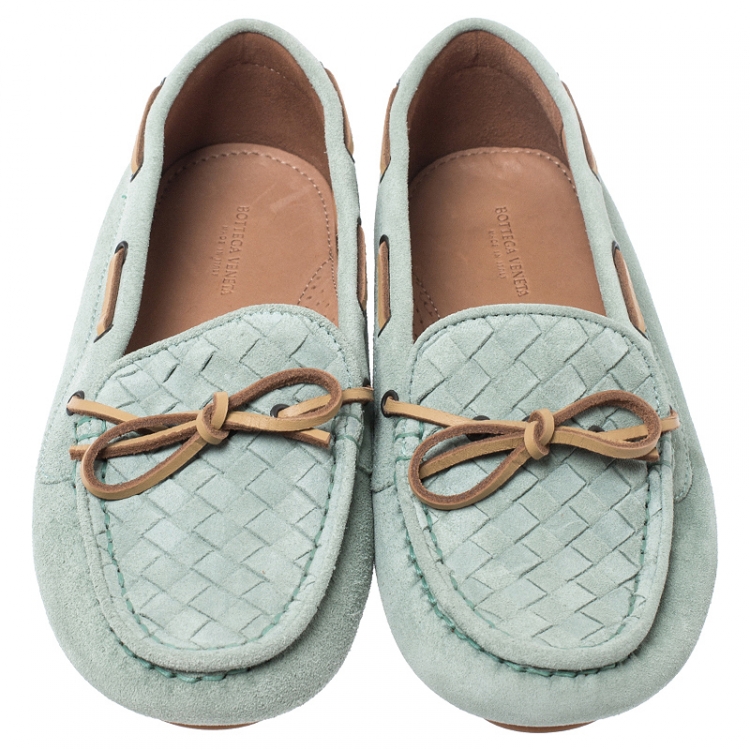 Pre Owned Bottega Veneta Mint Green/Beige Intrecciato Suede Bow Loafers Size 38.5