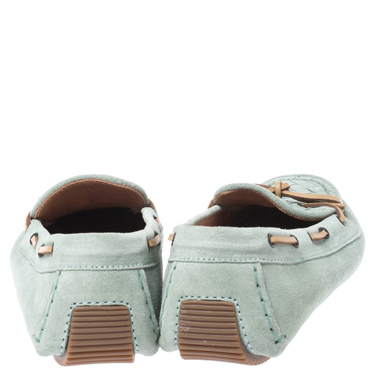 Pre Owned Bottega Veneta Mint Green/Beige Intrecciato Suede Bow Loafers Size 38.5