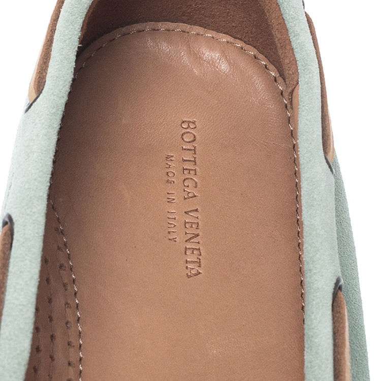 Pre Owned Bottega Veneta Mint Green/Beige Intrecciato Suede Bow Loafers Size 38.5