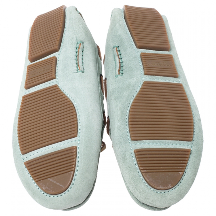 Pre Owned Bottega Veneta Mint Green/Beige Intrecciato Suede Bow Loafers Size 38.5