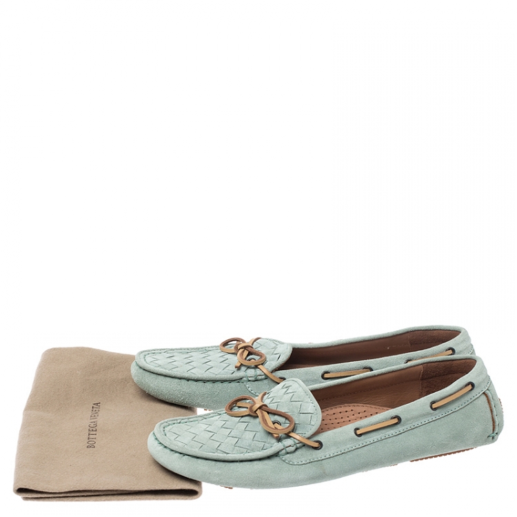 Pre Owned Bottega Veneta Mint Green/Beige Intrecciato Suede Bow Loafers Size 38.5