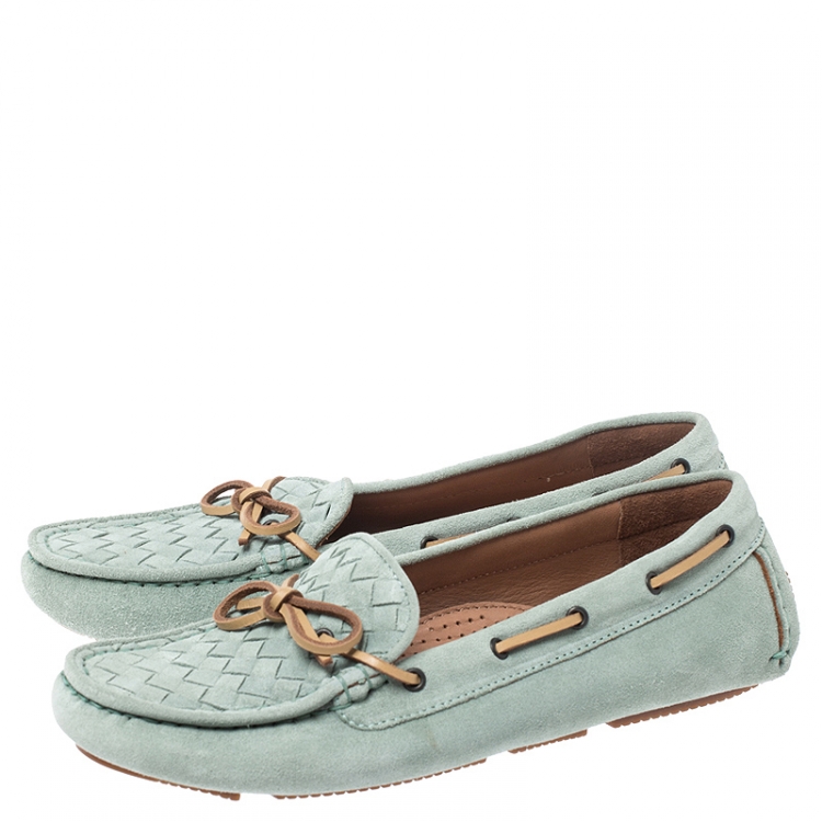Pre Owned Bottega Veneta Mint Green/Beige Intrecciato Suede Bow Loafers Size 38.5
