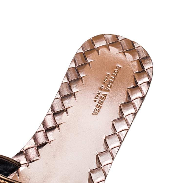 Pre Owned Bottega Veneta Metallic Bronze Intrecciato Leather Flat Slides Size 37