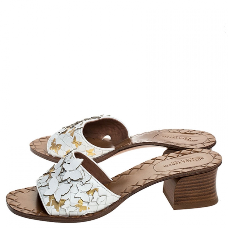 Pre Owned Bottega Veneta White Intrecciato Leather Butterfly Applique Ravello Flat Slides Size 36