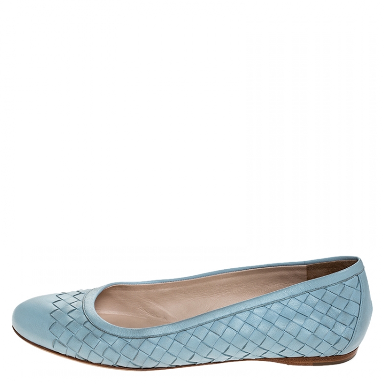 Pre Owned Bottega Veneta Blue Intrecciato Leather Ballet Flats Size 38