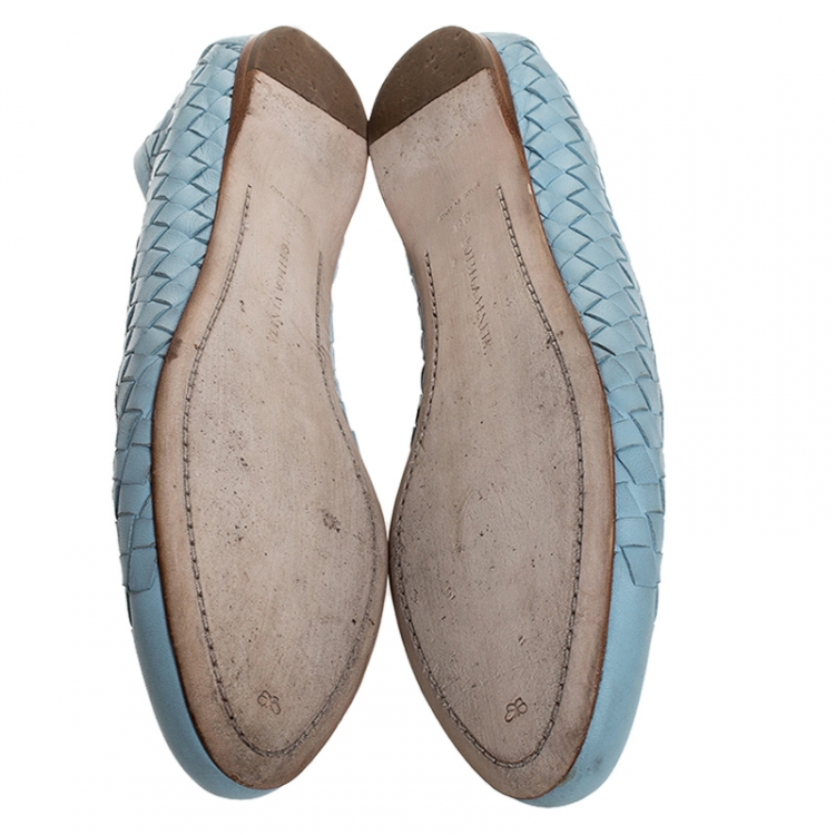 Pre Owned Bottega Veneta Blue Intrecciato Leather Ballet Flats Size 38