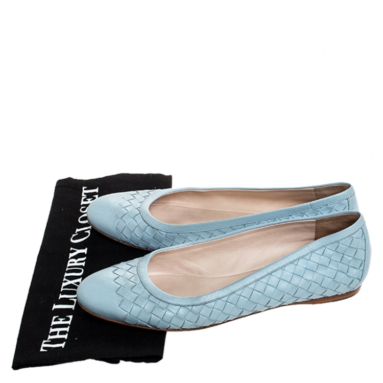 Pre Owned Bottega Veneta Blue Intrecciato Leather Ballet Flats Size 38