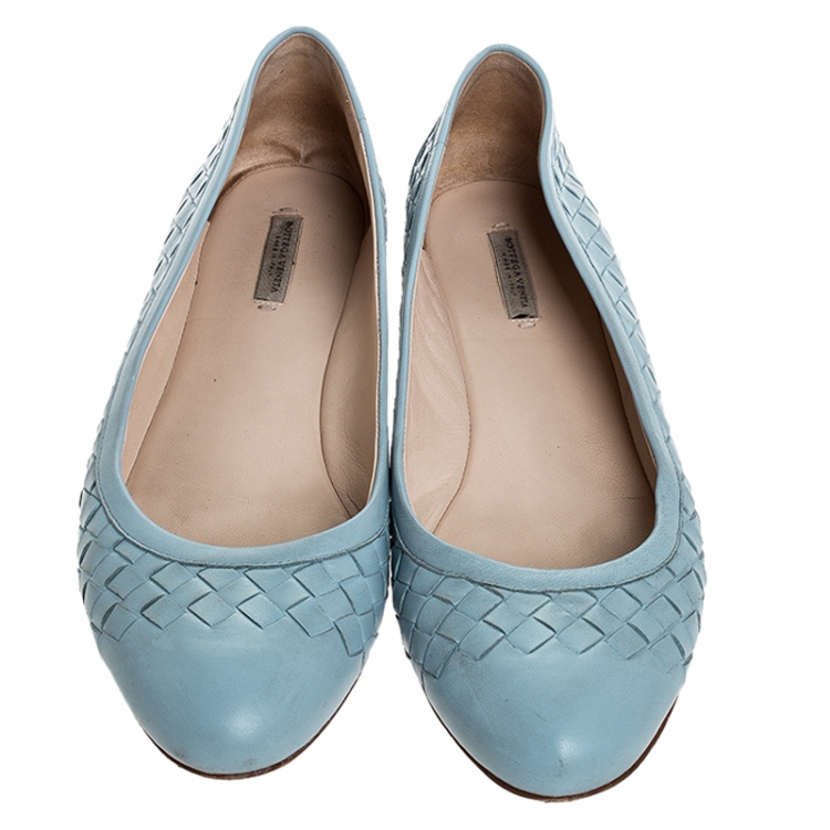 Pre Owned Bottega Veneta Blue Intrecciato Leather Ballet Flats Size 38