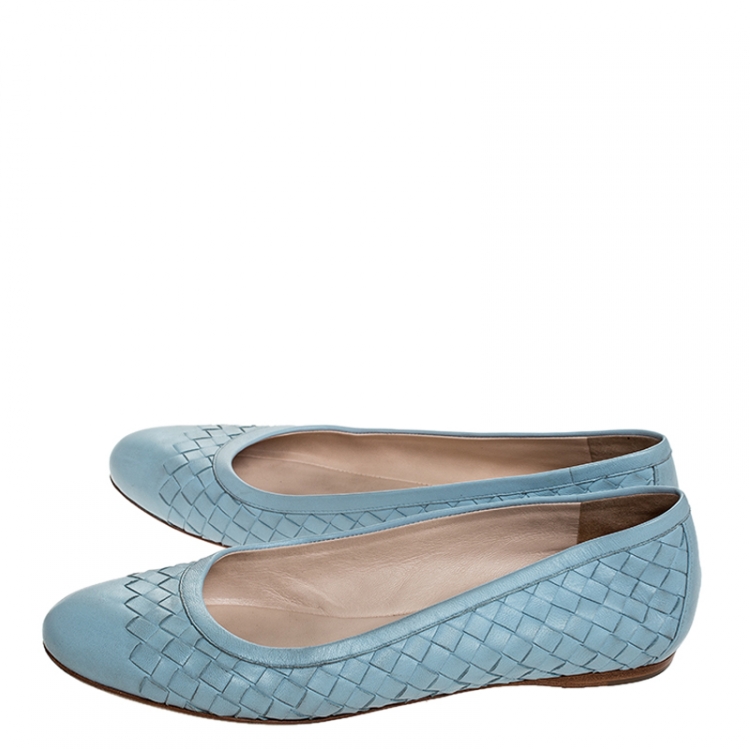 Pre Owned Bottega Veneta Blue Intrecciato Leather Ballet Flats Size 38