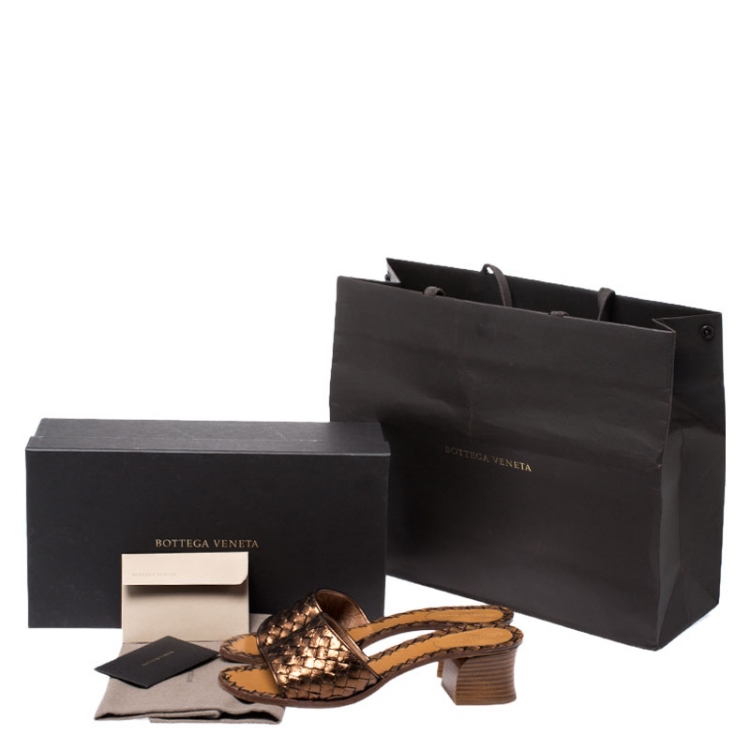 Pre Owned Bottega Veneta Metallic Bronze Intrecciato Leather Ravello Flat Slides Size 38