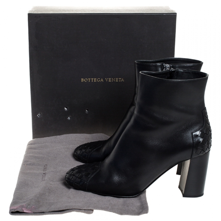 Pre Owned Bottega Veneta Black Leather And Intrecciato Cap Toe Leather Ankle Boots Size 40