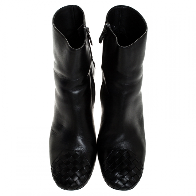 Pre Owned Bottega Veneta Black Leather And Intrecciato Cap Toe Leather Ankle Boots Size 40