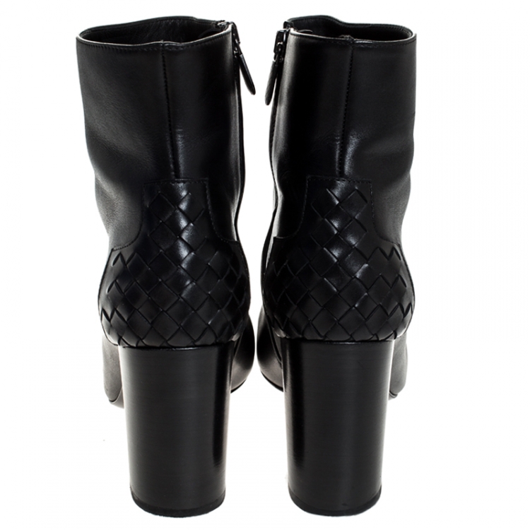 Pre Owned Bottega Veneta Black Leather And Intrecciato Cap Toe Leather Ankle Boots Size 40