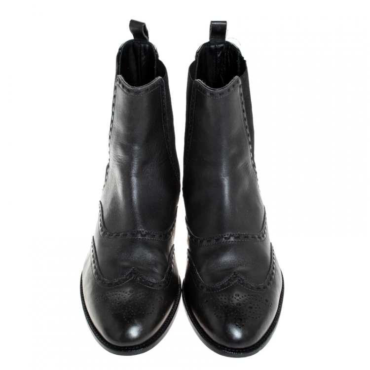 Pre Owned Bottega Veneta Black Brogue Leather And Elastic Slip On Boots Size 38.5