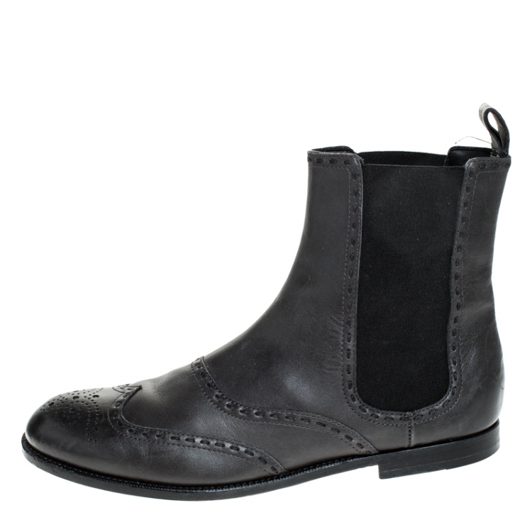 Pre Owned Bottega Veneta Black Brogue Leather And Elastic Slip On Boots Size 38.5