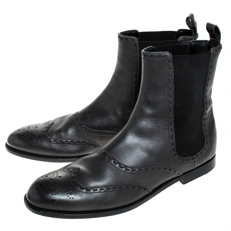 Pre Owned Bottega Veneta Black Brogue Leather And Elastic Slip On Boots Size 38.5