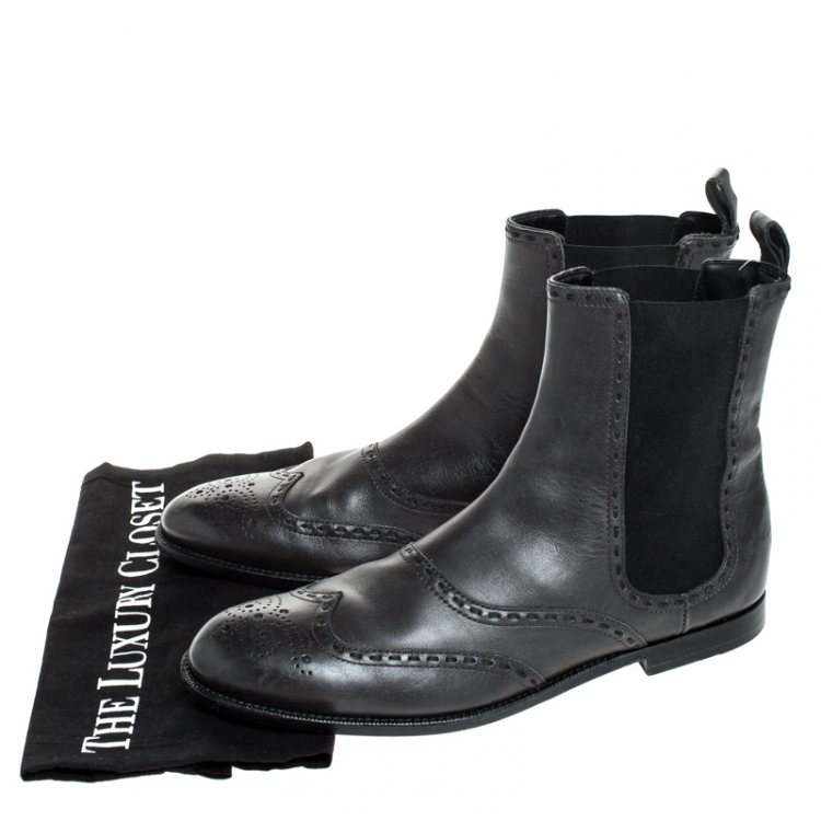 Pre Owned Bottega Veneta Black Brogue Leather And Elastic Slip On Boots Size 38.5