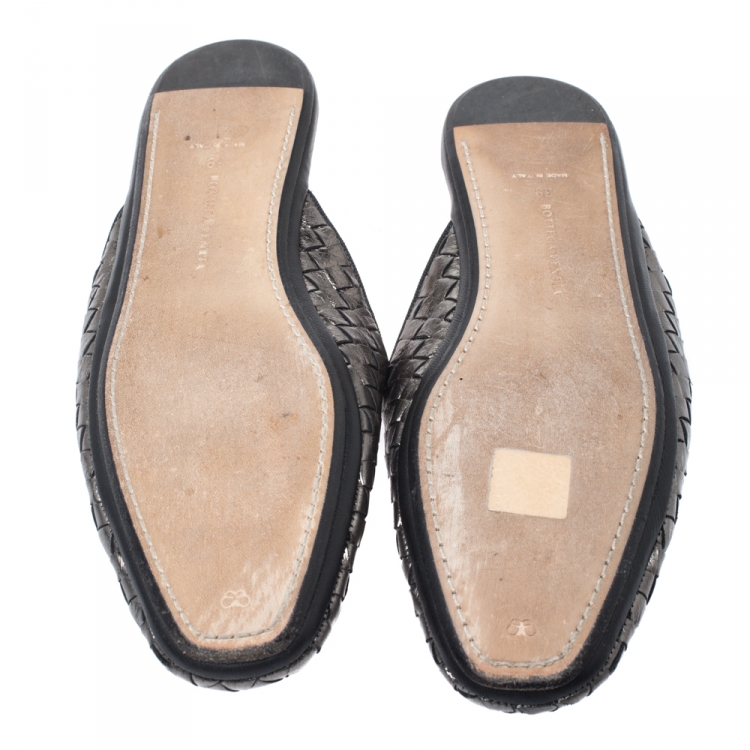 Pre Owned Bottega Veneta Metallic Intrecciato Leather Mules Size 39