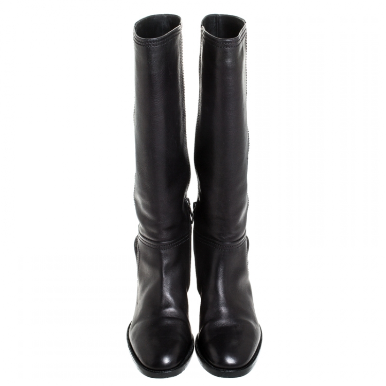 Pre Owned Bottega Veneta Black Leather Intrecciato Buckle Detail Knee Long Boots Size 39