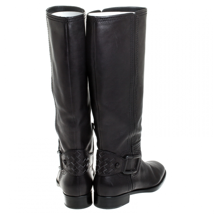 Pre Owned Bottega Veneta Black Leather Intrecciato Buckle Detail Knee Long Boots Size 39