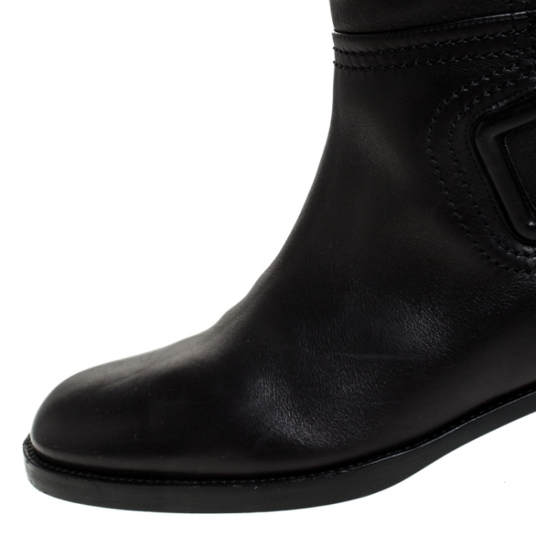 Pre Owned Bottega Veneta Black Leather Intrecciato Buckle Detail Knee Long Boots Size 39