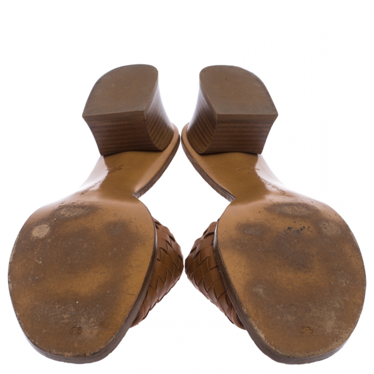 Pre Owned  Bottega Veneta Brown Intrecciato Leather Slide Sandals Size 41